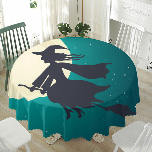 Full Moon Halloween Flying Witch Print Waterproof Round Tablecloth