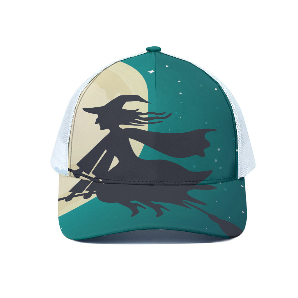 Full Moon Halloween Flying Witch Print White Mesh Trucker Cap