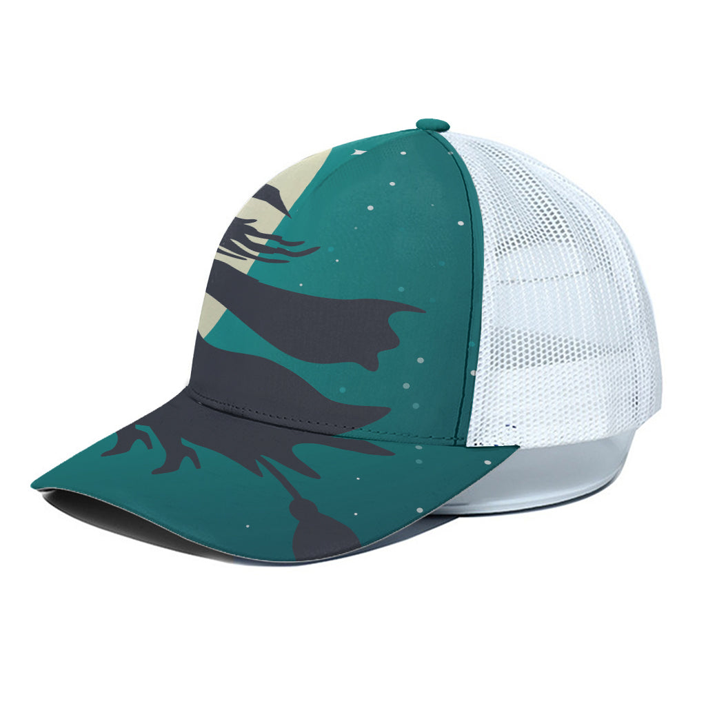 Full Moon Halloween Flying Witch Print White Mesh Trucker Cap