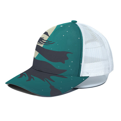 Full Moon Halloween Flying Witch Print White Mesh Trucker Cap