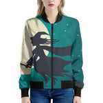 Full Moon Halloween Flying Witch Print Women's Bomber Jacket