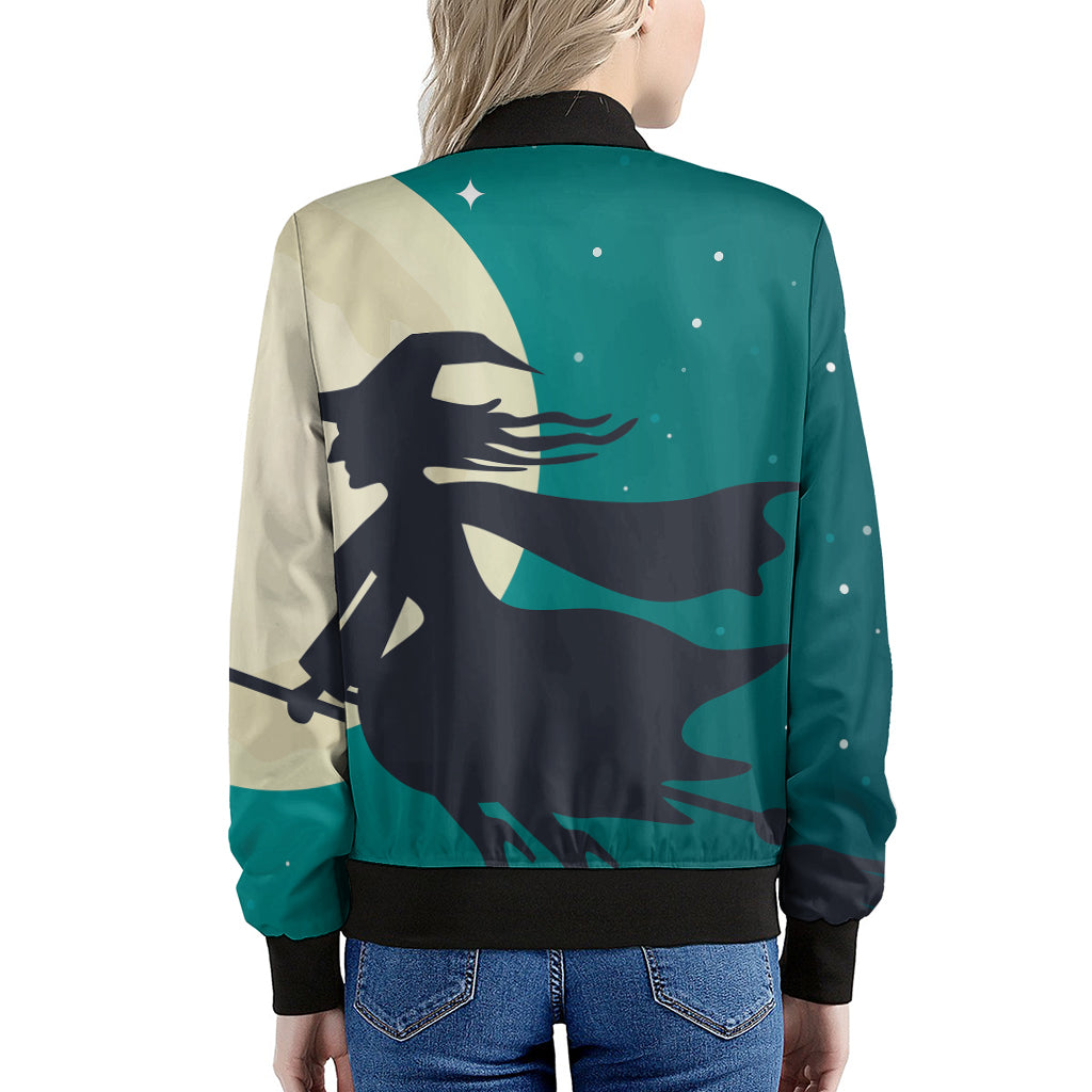 Full Moon Halloween Flying Witch Print Women's Bomber Jacket
