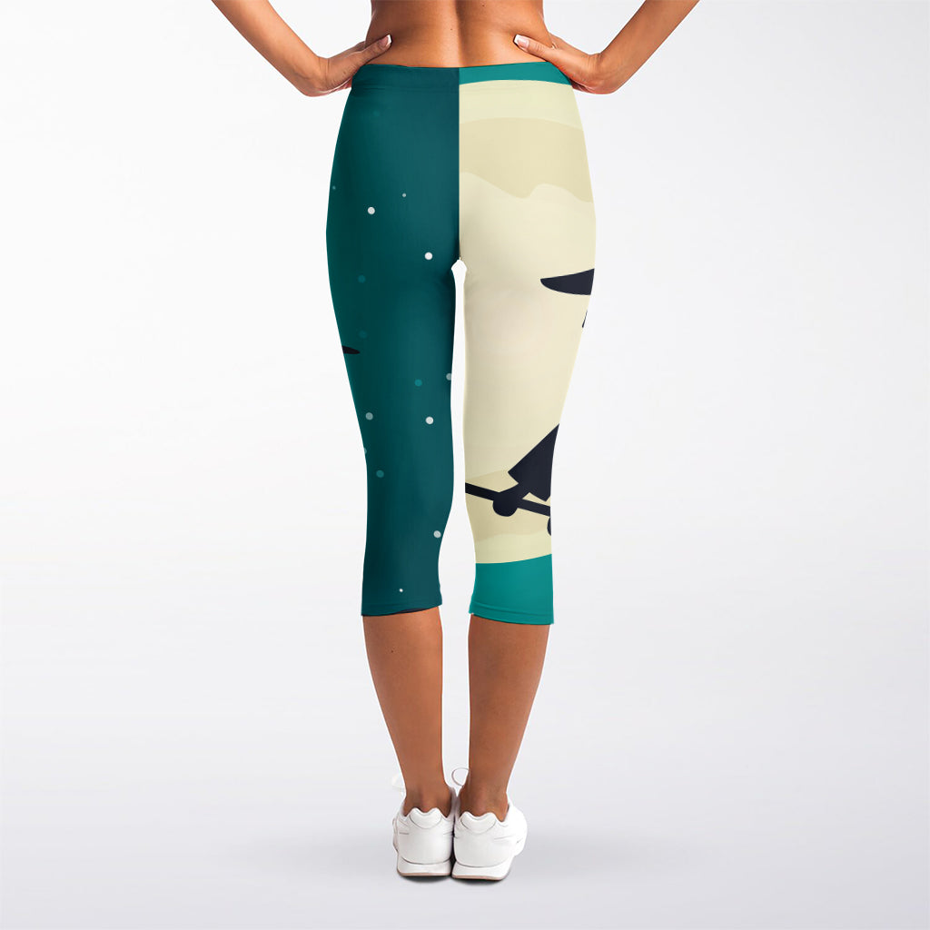 Full Moon Halloween Flying Witch Print Women's Capri Leggings