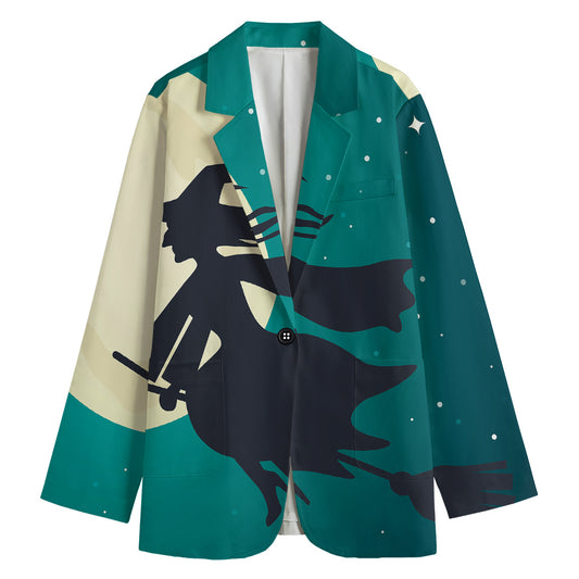 Full Moon Halloween Flying Witch Print Women's Cotton Blazer