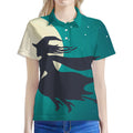 Full Moon Halloween Flying Witch Print Women's Polo Shirt