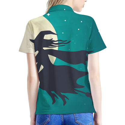 Full Moon Halloween Flying Witch Print Women's Polo Shirt