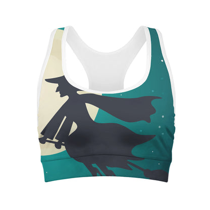 Full Moon Halloween Flying Witch Print Women's Sports Bra