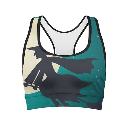 Full Moon Halloween Flying Witch Print Women's Sports Bra