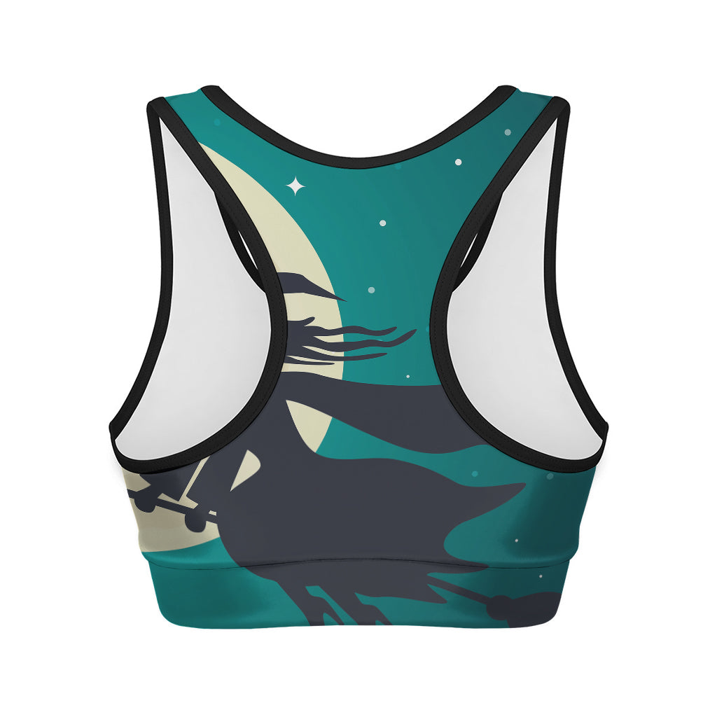 Full Moon Halloween Flying Witch Print Women's Sports Bra