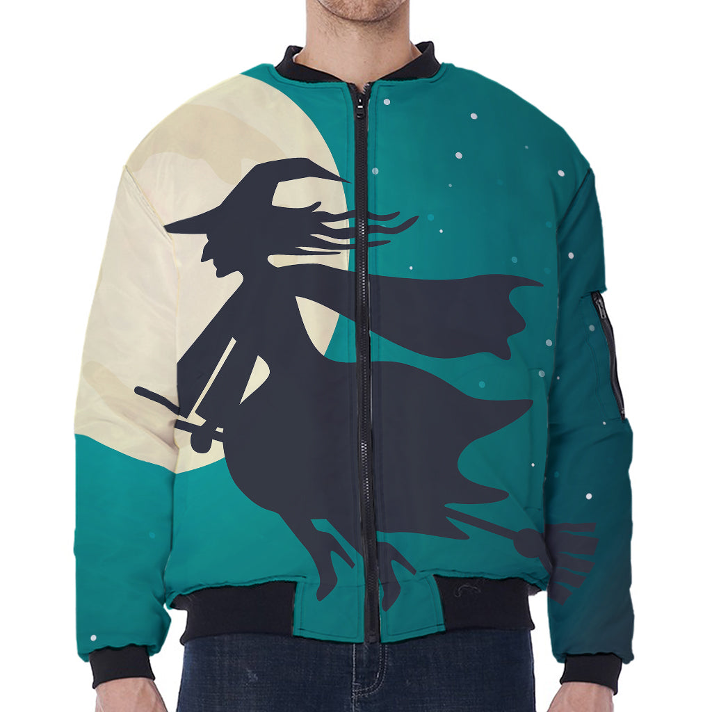 Full Moon Halloween Flying Witch Print Zip Sleeve Bomber Jacket