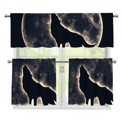 Full Moon Howling Wolf Print 3 Piece Kitchen Curtains