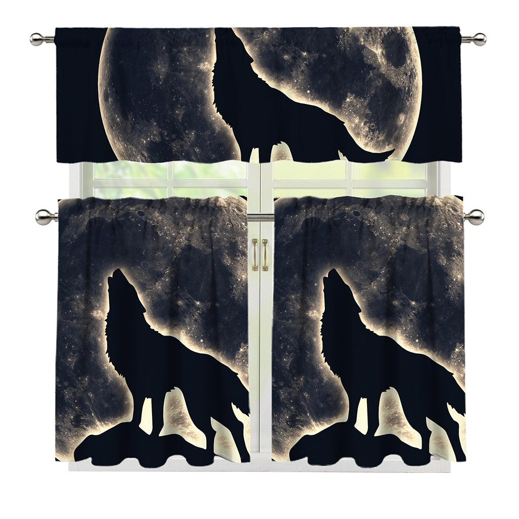 Full Moon Howling Wolf Print 3 Piece Kitchen Curtains