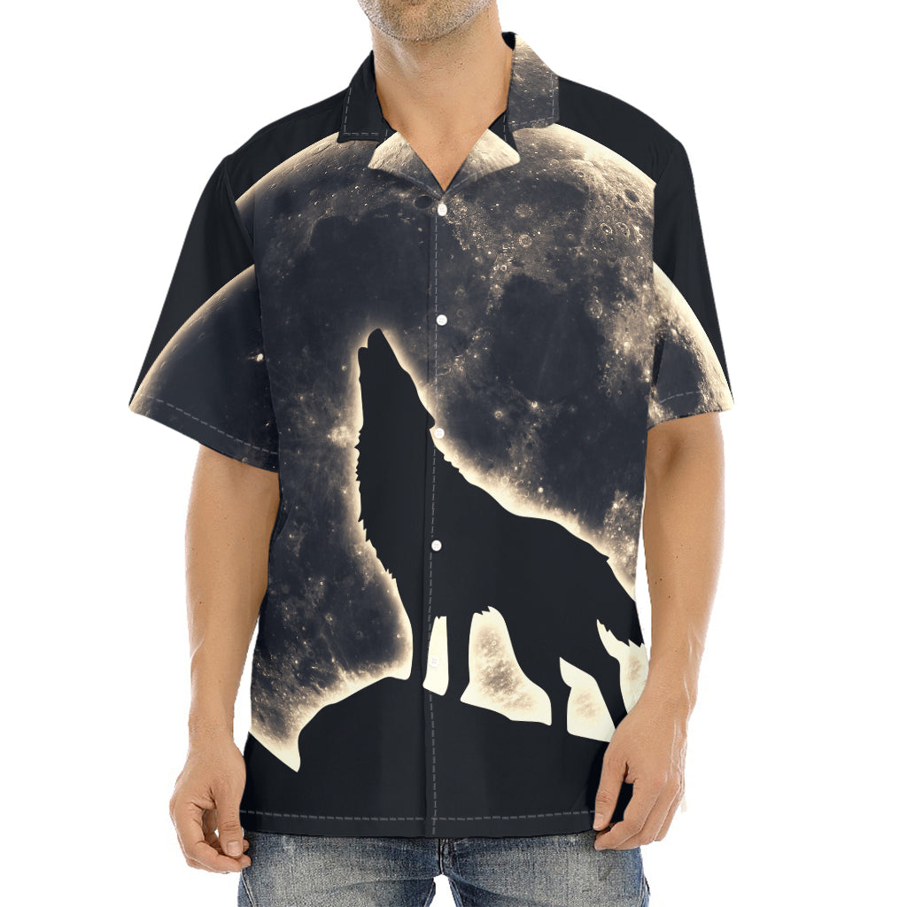 Full Moon Howling Wolf Print Aloha Shirt
