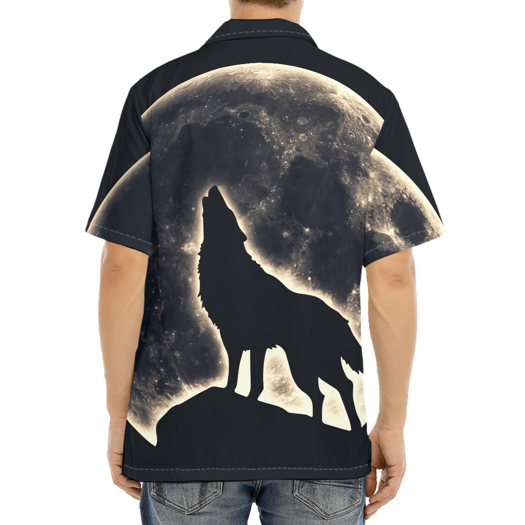 Full Moon Howling Wolf Print Aloha Shirt