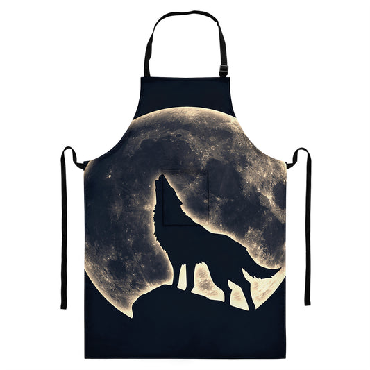 Full Moon Howling Wolf Print Bib Apron With Pocket