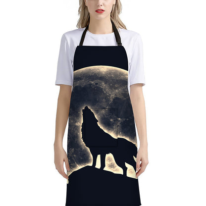 Full Moon Howling Wolf Print Bib Apron With Pocket