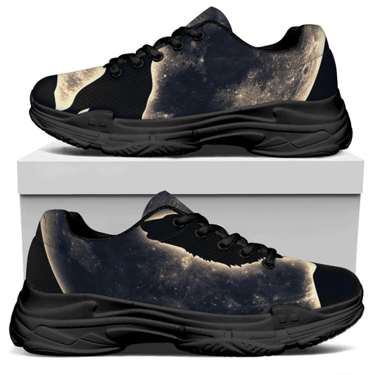 Full Moon Howling Wolf Print Black Chunky Shoes