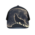 Full Moon Howling Wolf Print Black Mesh Trucker Hat
