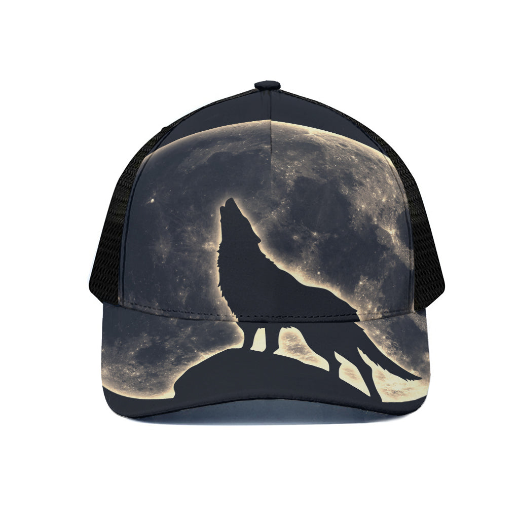 Full Moon Howling Wolf Print Black Mesh Trucker Cap