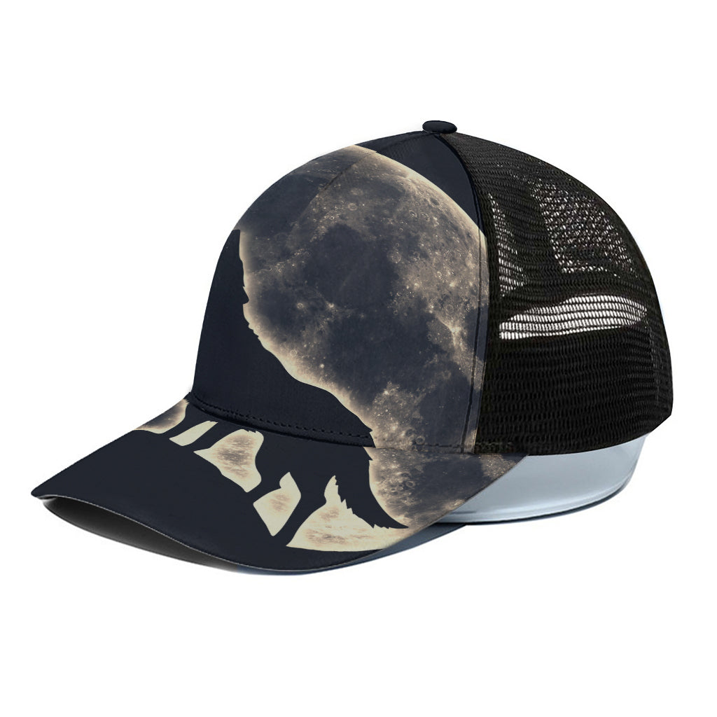 Full Moon Howling Wolf Print Black Mesh Trucker Cap