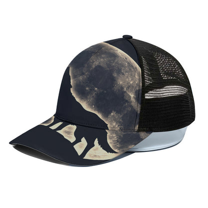 Full Moon Howling Wolf Print Black Mesh Trucker Cap