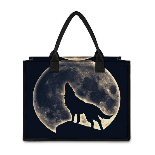 Full Moon Howling Wolf Print Canvas Tote Bag