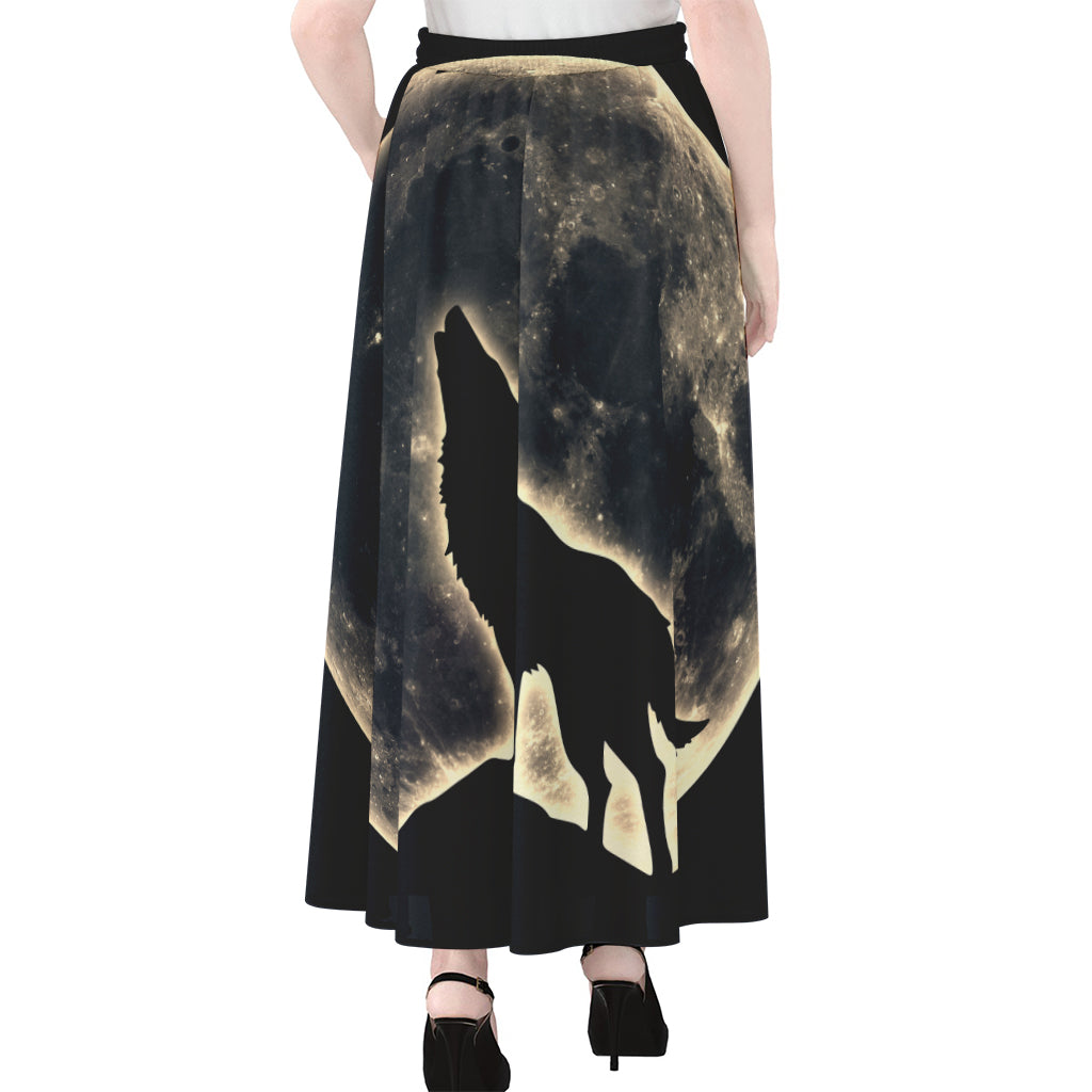 Full Moon Howling Wolf Print Chiffon Maxi Skirt