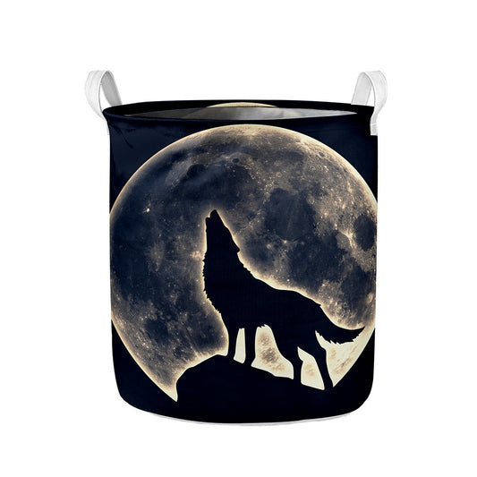 Full Moon Howling Wolf Print Collapsible Laundry Basket