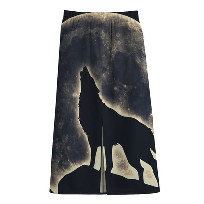 Full Moon Howling Wolf Print Cotton Front Slit Maxi Skirt