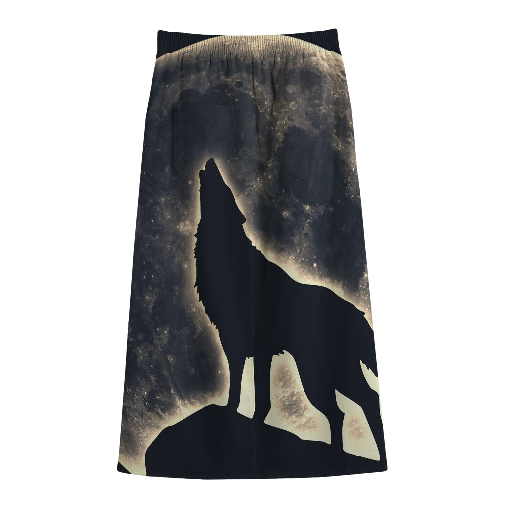 Full Moon Howling Wolf Print Cotton Front Slit Maxi Skirt