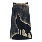 Full Moon Howling Wolf Print Cotton Front Slit Maxi Skirt