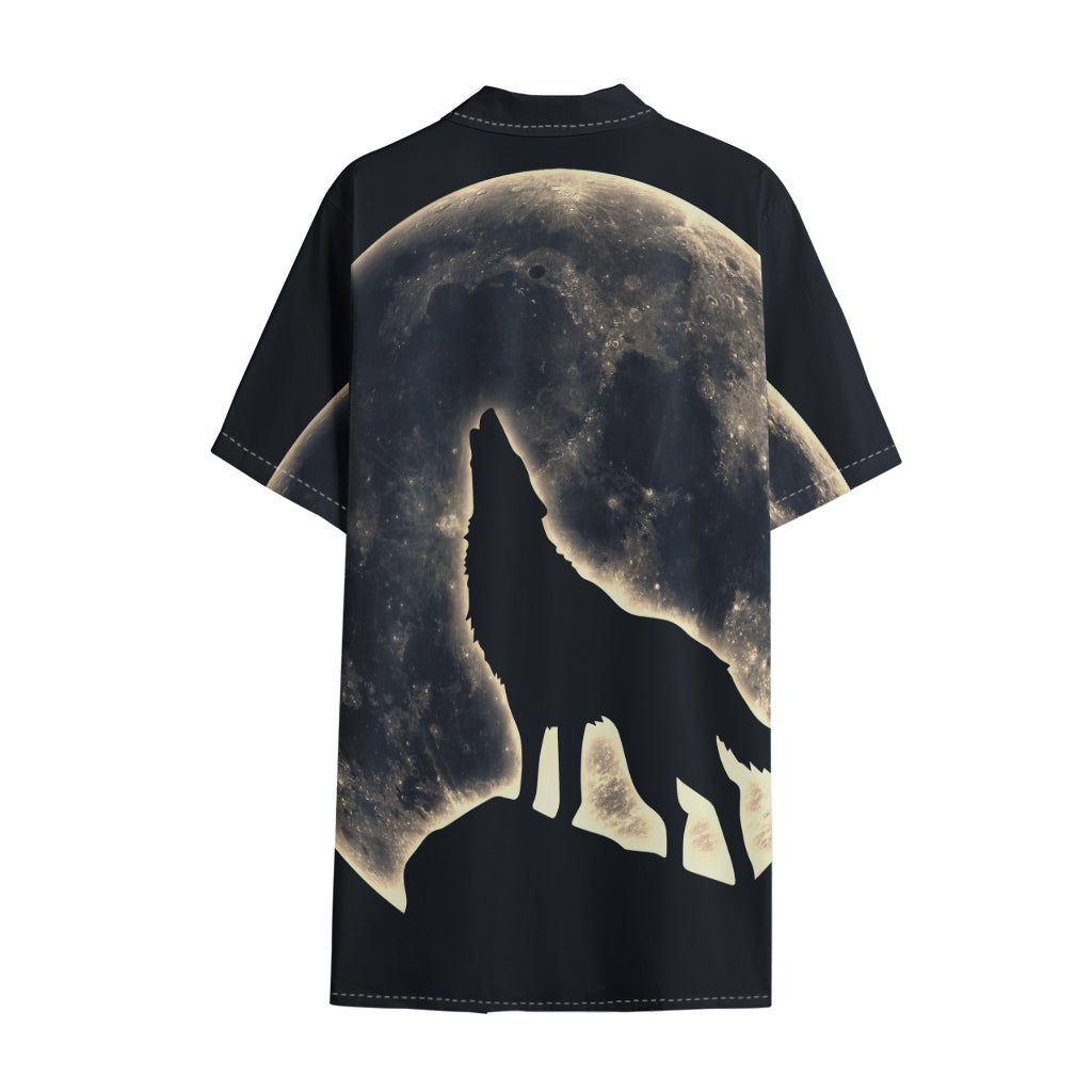 Full Moon Howling Wolf Print Cotton Hawaiian Shirt
