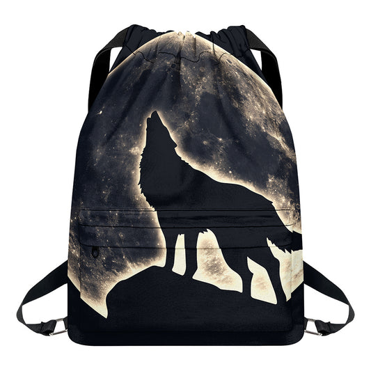 Full Moon Howling Wolf Print Drawstring Backpack