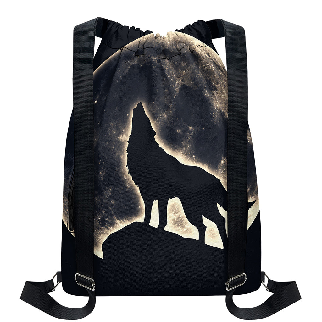 Full Moon Howling Wolf Print Drawstring Backpack
