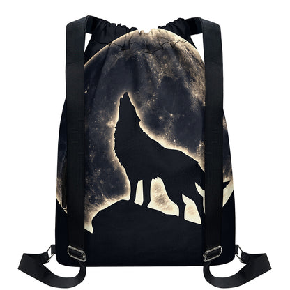 Full Moon Howling Wolf Print Drawstring Backpack