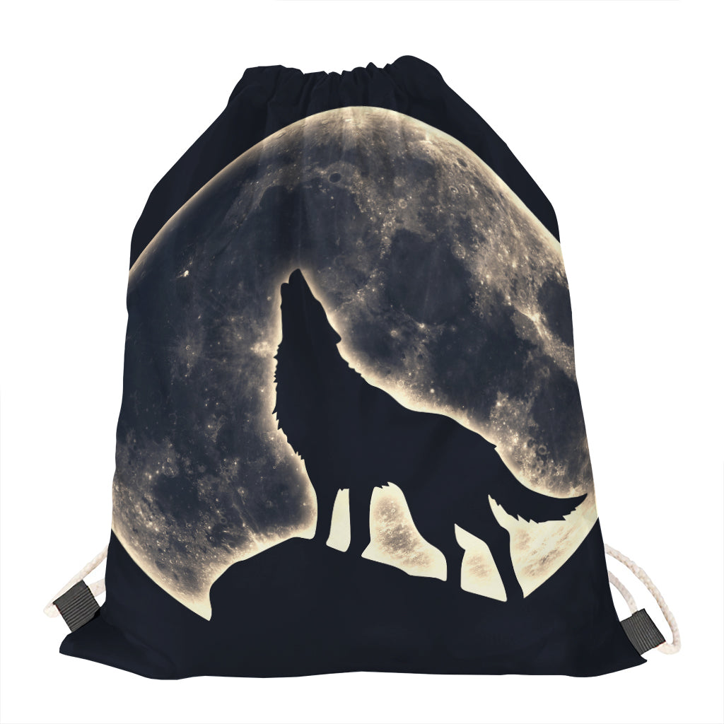 Full Moon Howling Wolf Print Drawstring Bag