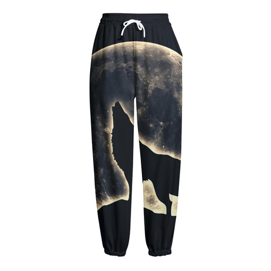 Full Moon Howling Wolf Print Fleece Lined Knit Pants