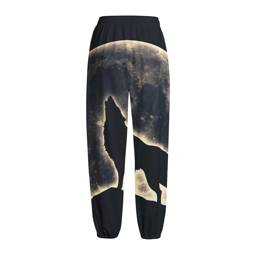 Full Moon Howling Wolf Print Fleece Lined Knit Pants