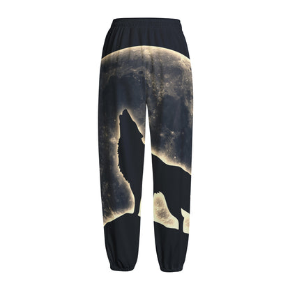 Full Moon Howling Wolf Print Fleece Lined Knit Pants