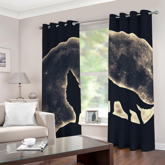 Full Moon Howling Wolf Print Grommet Curtains