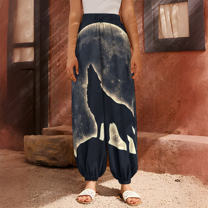 Full Moon Howling Wolf Print Harem Pants