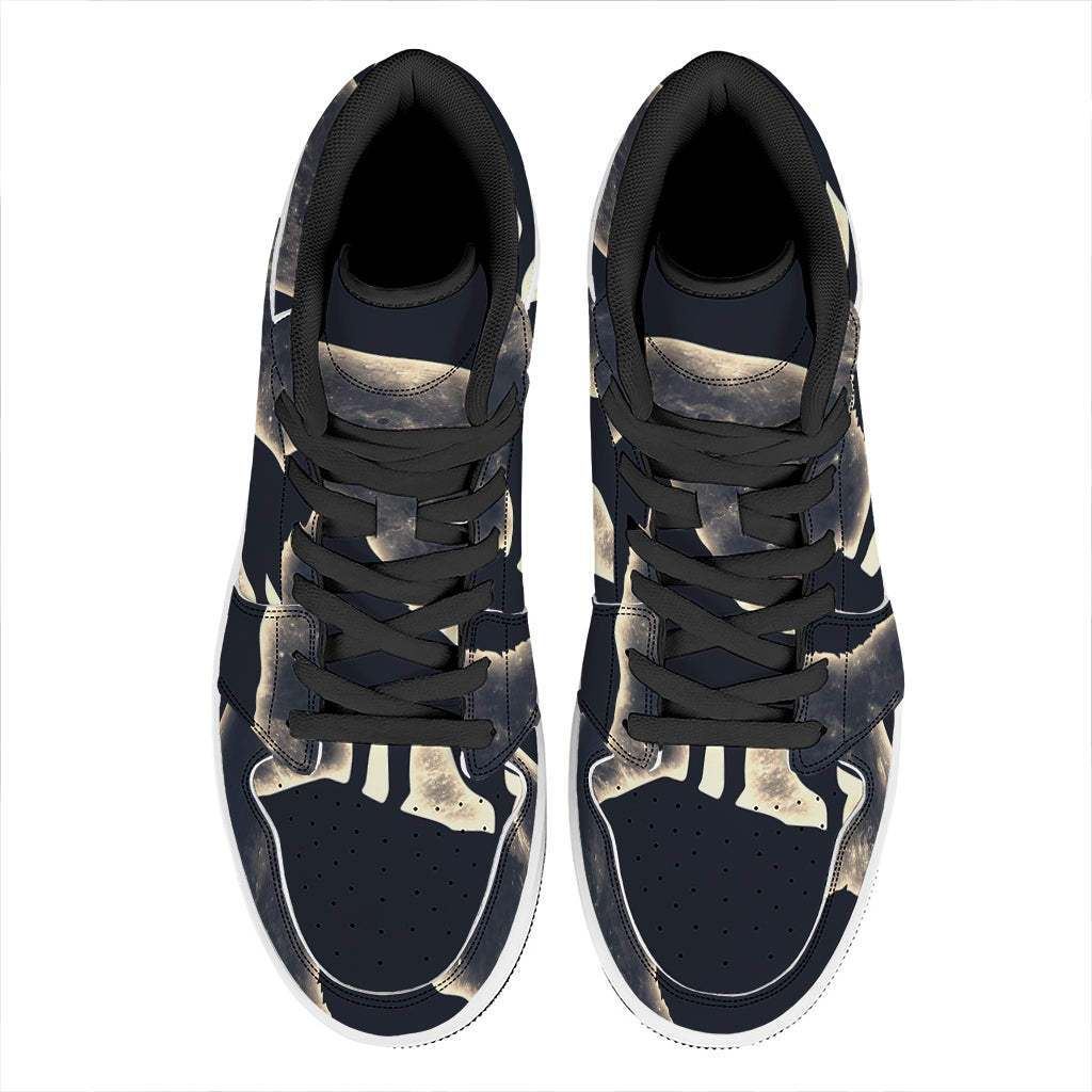 Full Moon Howling Wolf Print High Top Leather Sneakers