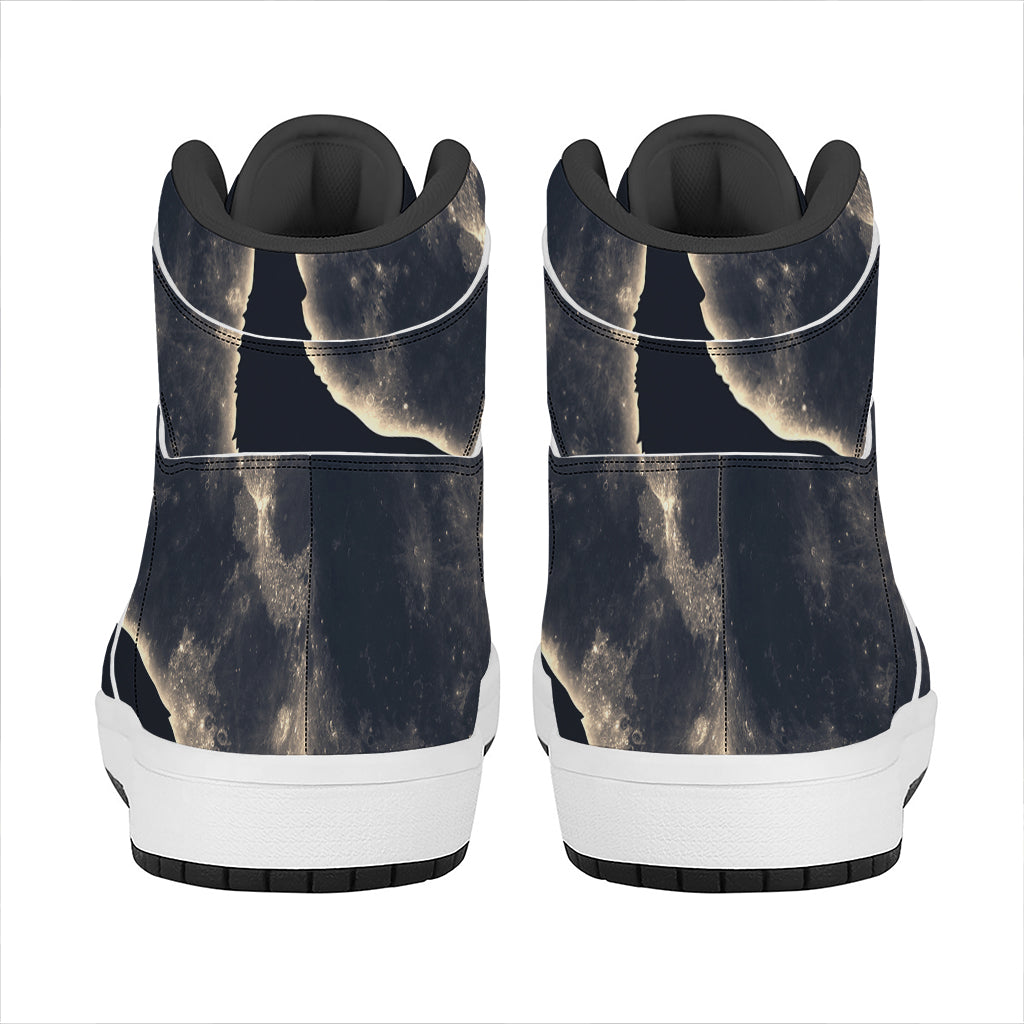 Full Moon Howling Wolf Print High Top Leather Sneakers
