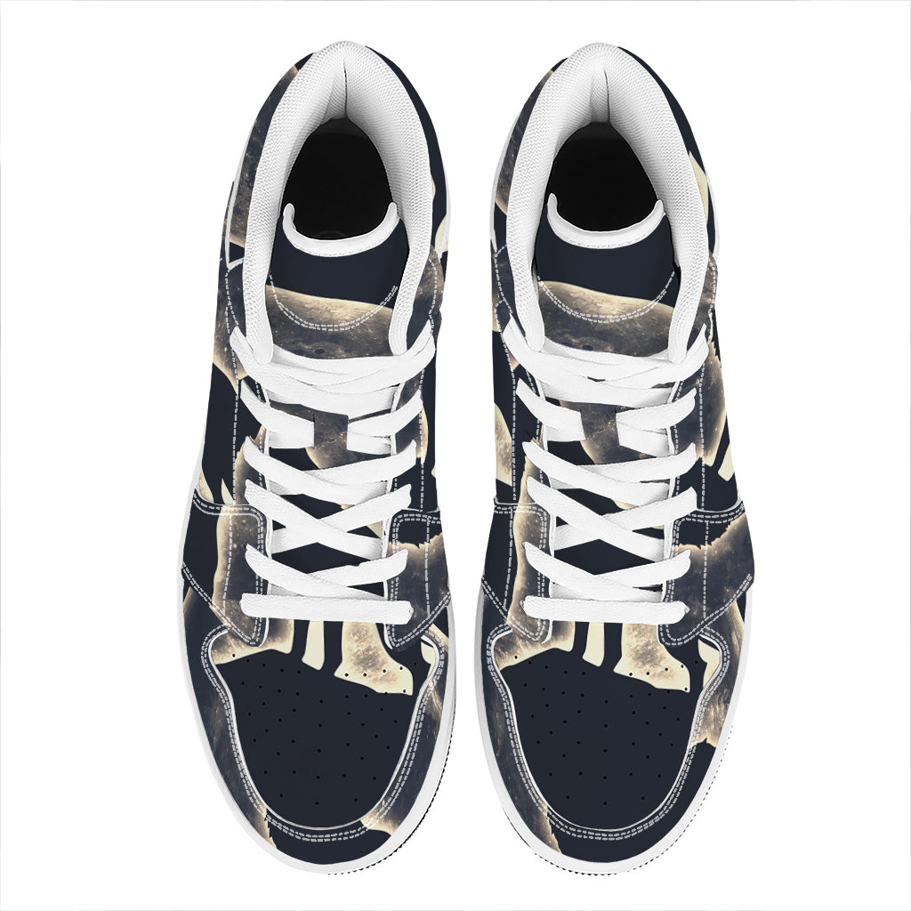 Full Moon Howling Wolf Print High Top Leather Sneakers