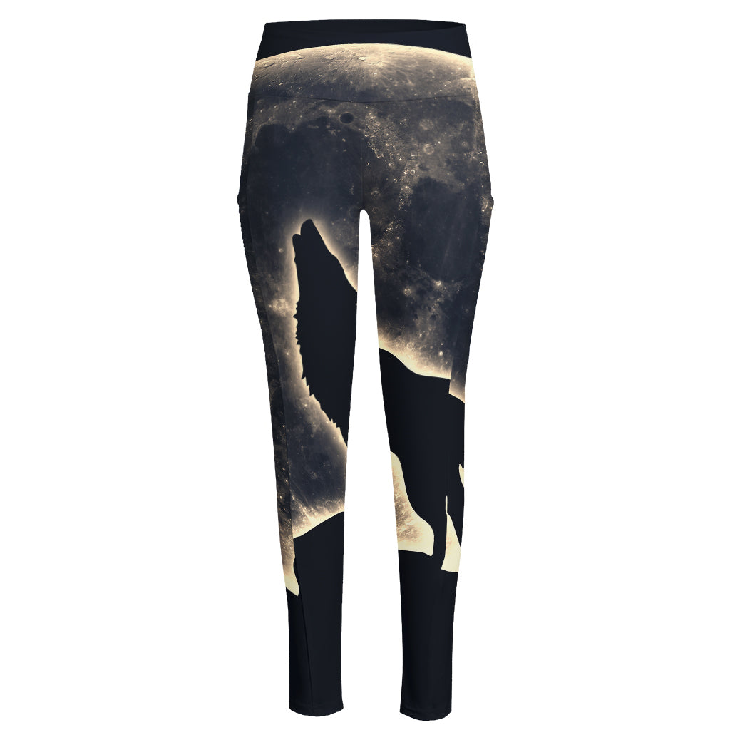 Full Moon Howling Wolf Print High-Waisted Pocket Leggings