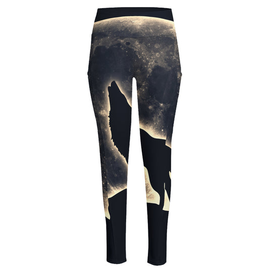 Full Moon Howling Wolf Print High-Waisted Pocket Leggings