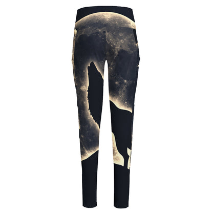 Full Moon Howling Wolf Print High-Waisted Pocket Leggings