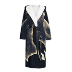 Full Moon Howling Wolf Print Hooded Bathrobe