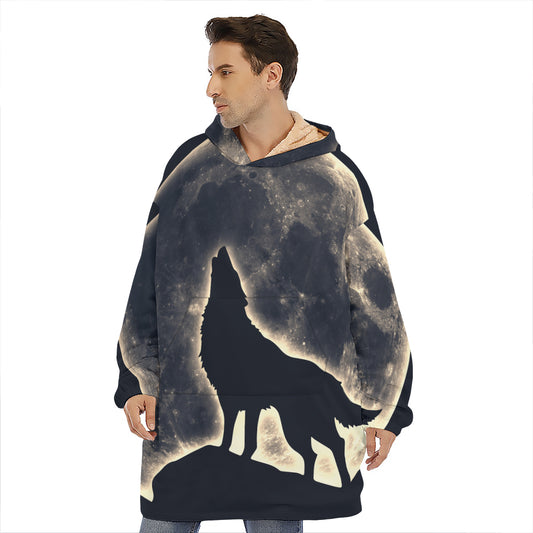 Full Moon Howling Wolf Print Hoodie Blanket