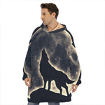 Full Moon Howling Wolf Print Hoodie Blanket